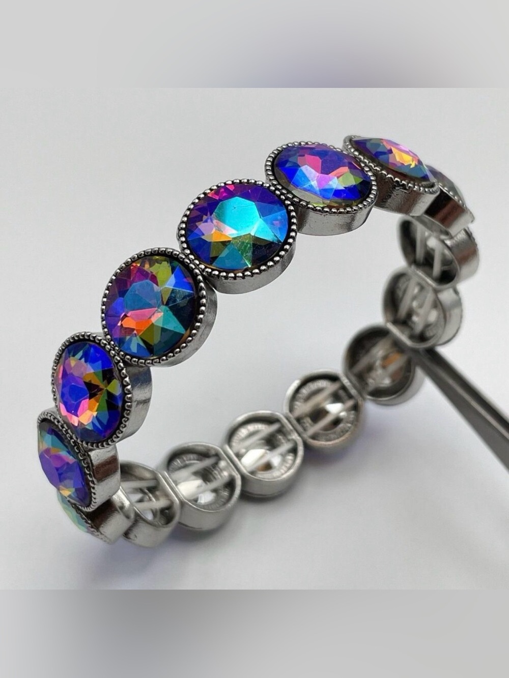 Silver Tone Blue AB Round Cut Glass Rhinestone Stretch Bracelet Boho Fashion
